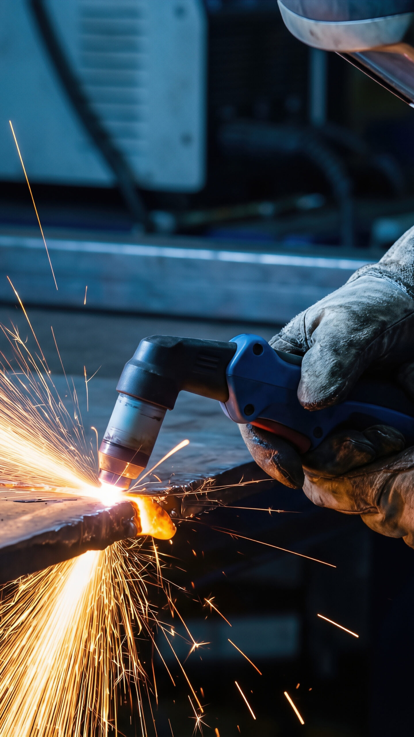 Worker in protective gear using a plasma cutter on metal sheet in a metallurgical plant, sparks flying in a well-lit industrial workshop environment